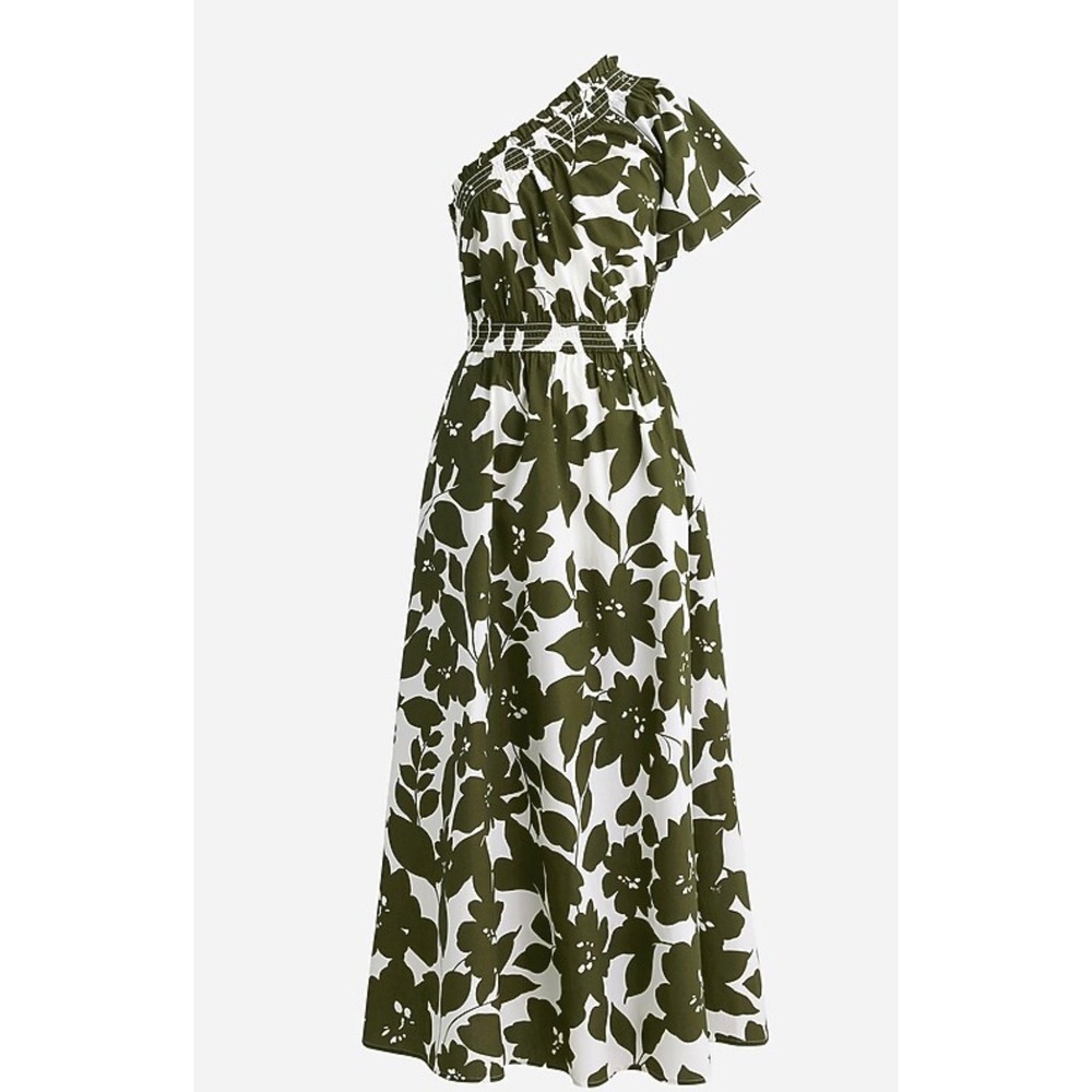 J. Crew Smocked Cotton Poplin One Shoulder Dress XL Leafy Floral Olive NEW! - Picture 3 of 10